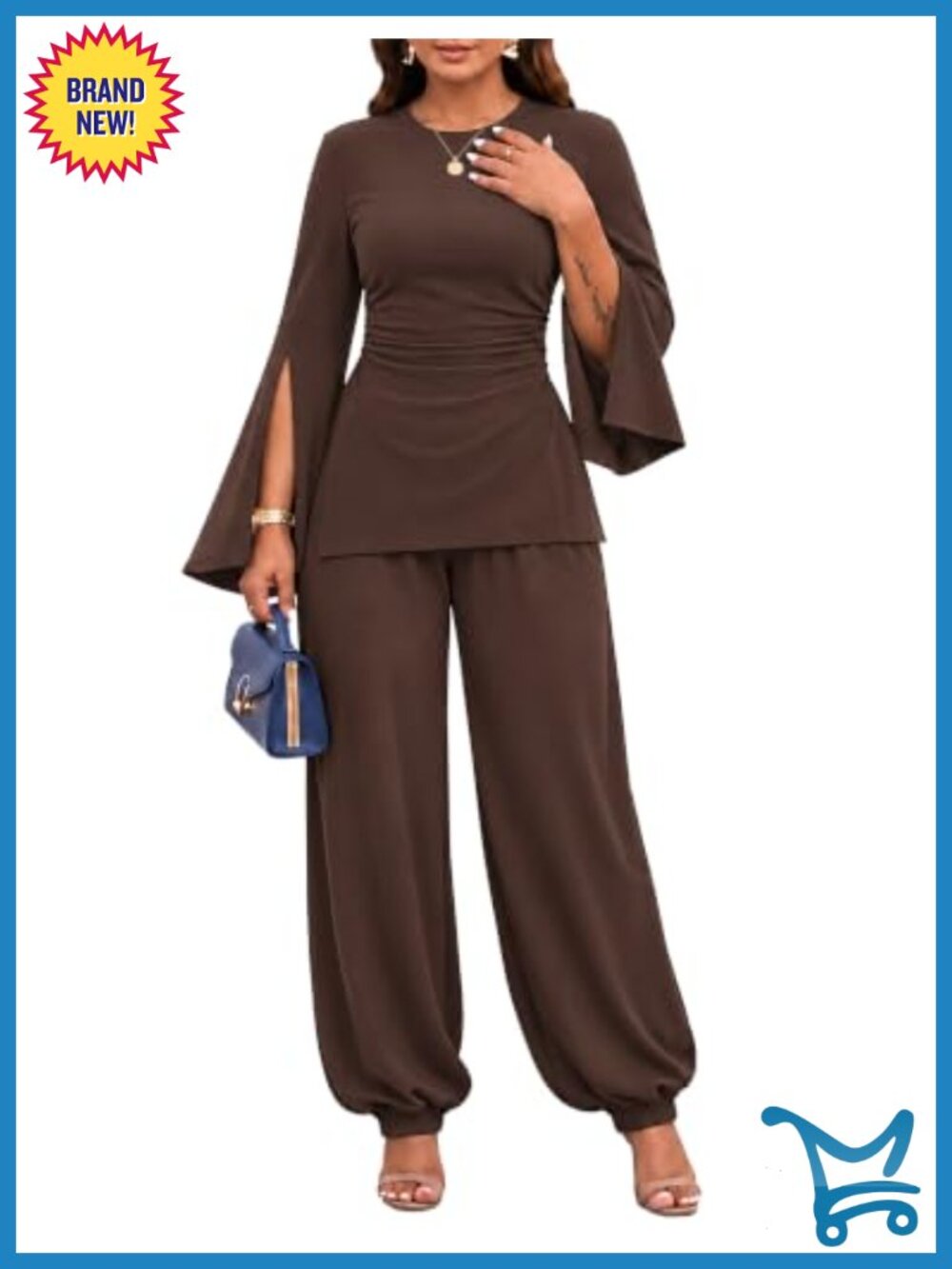 AGSEEM Women's 2 Piece Set Long Sleeve Ruched Top Balloon Pants Casual